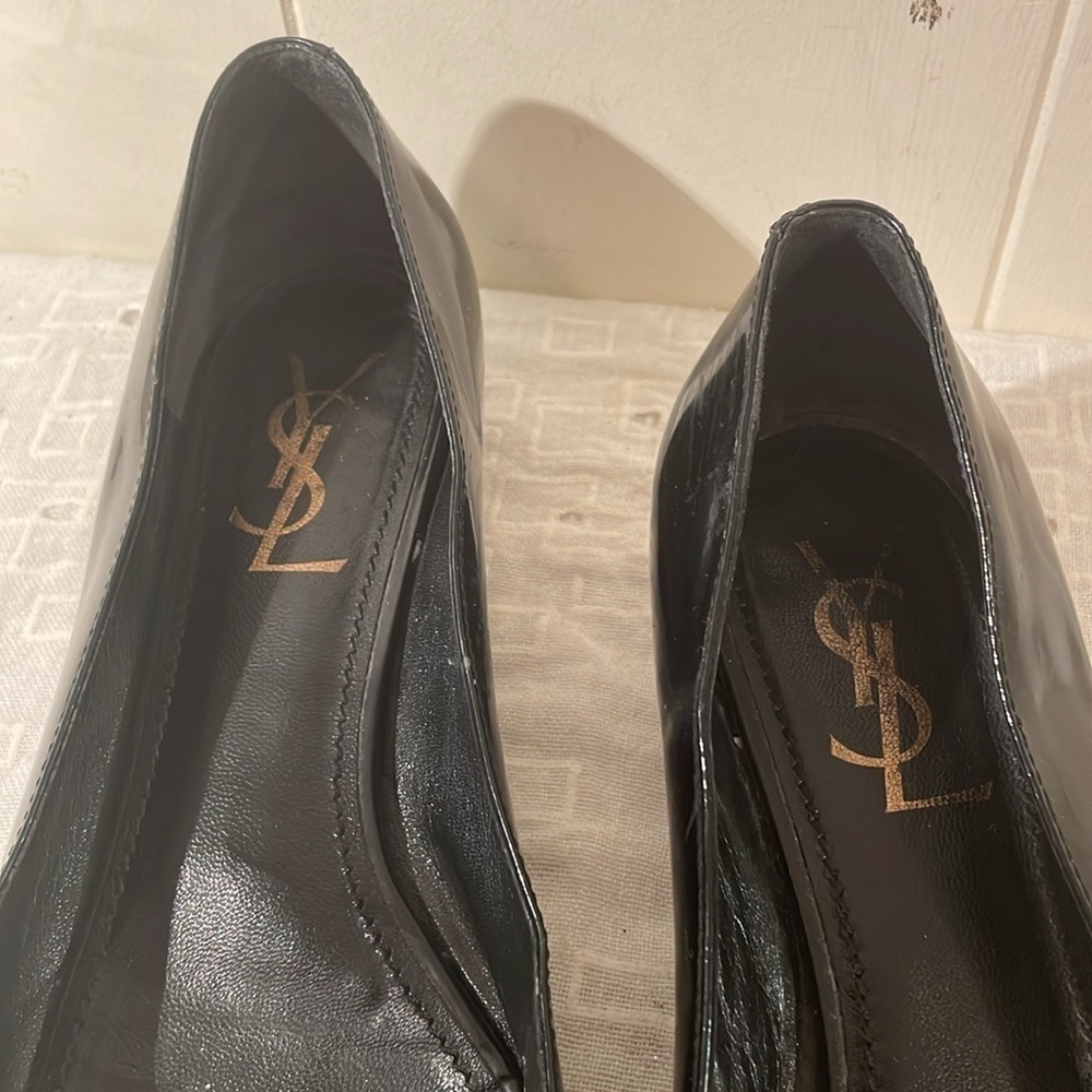 Yves Saint Laurent Black Flat Peep Toe Bow Flat Shoes - Picture 3 of 13